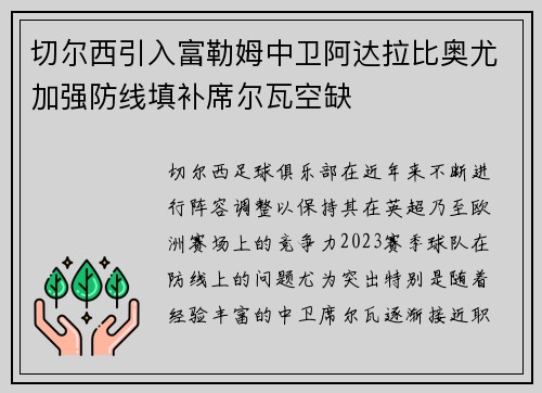 切尔西引入富勒姆中卫阿达拉比奥尤加强防线填补席尔瓦空缺