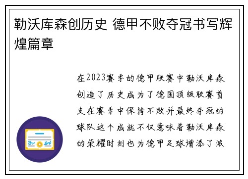 勒沃库森创历史 德甲不败夺冠书写辉煌篇章